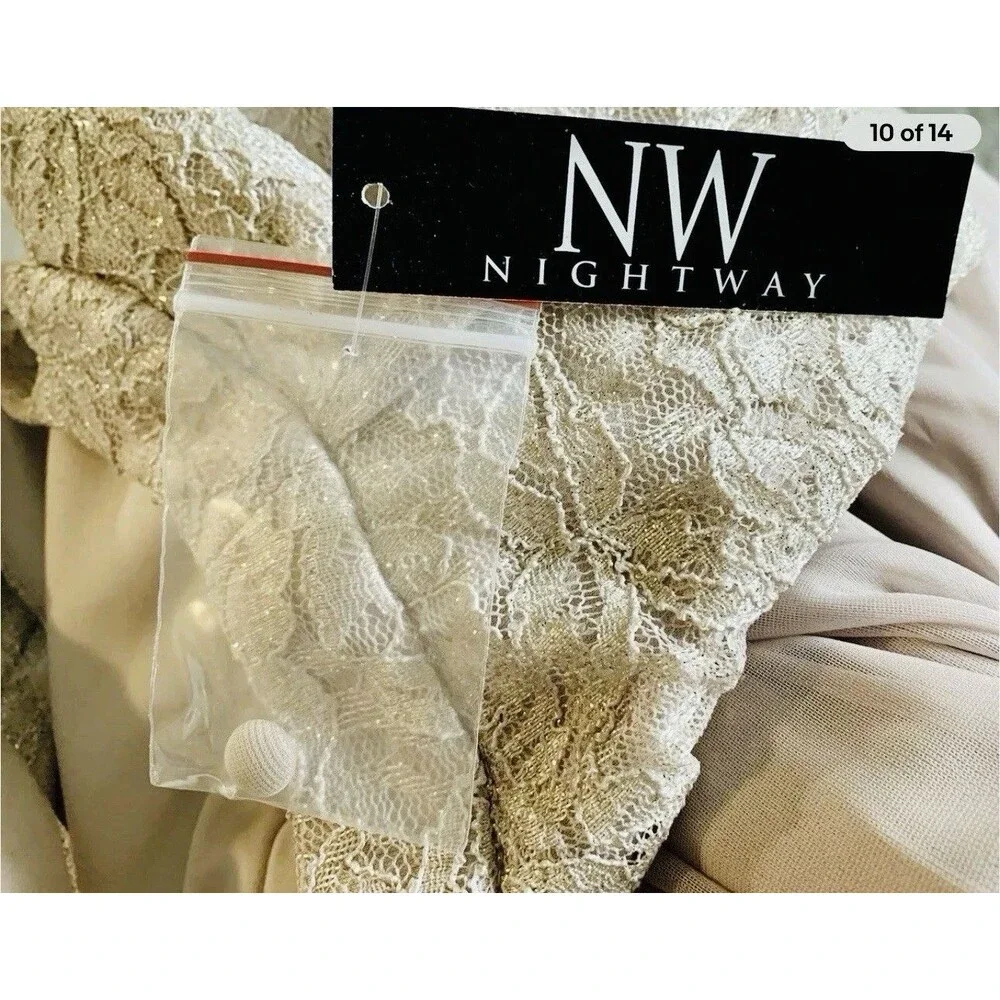 Nightway Champagne Lace Formal Empire Elegant Prom Wedding Dress Gown Size 14P - Picture 11 of 14